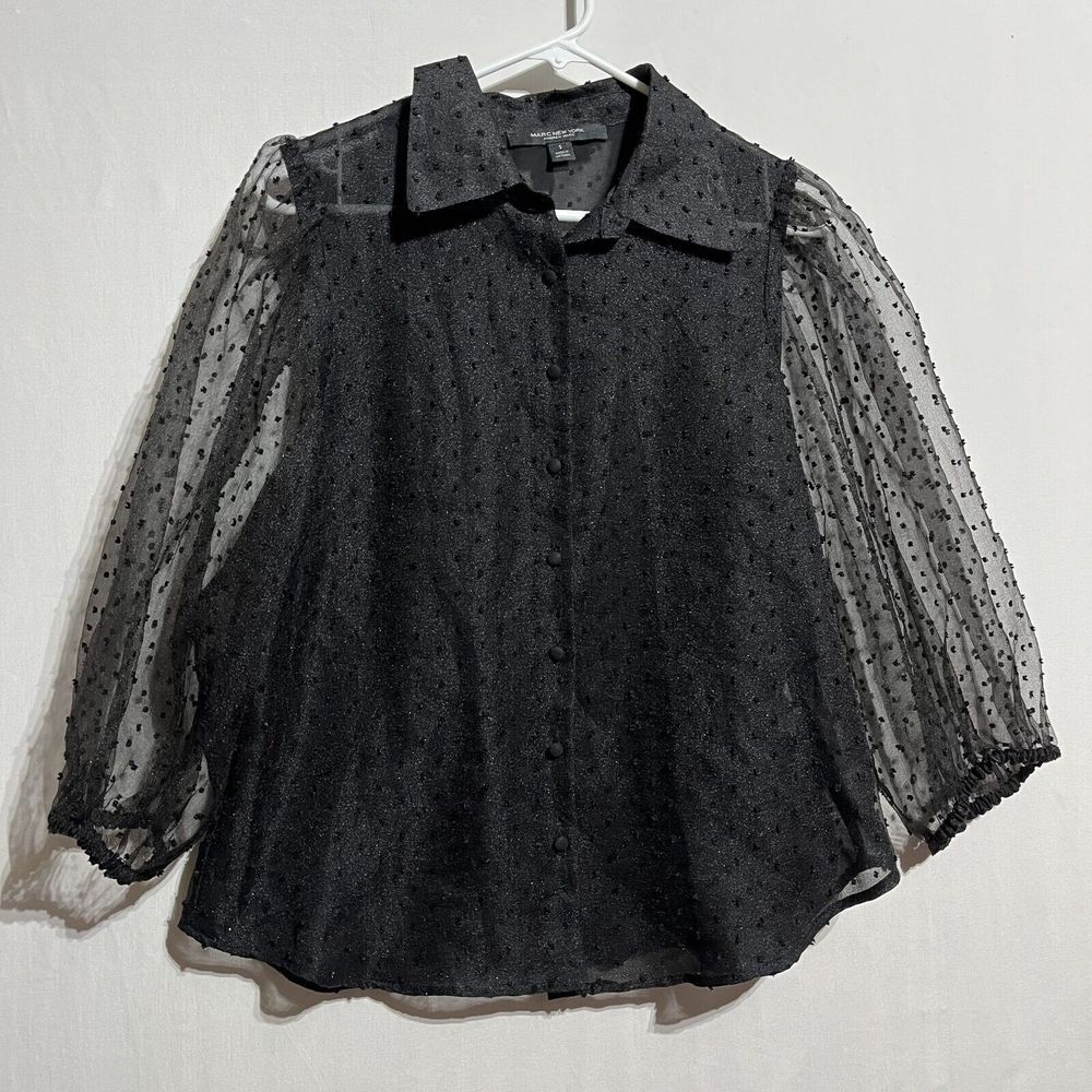Andrew‎ Marc Blouse Top Women's Small Black Polka Dot Lined Collared Button-Up